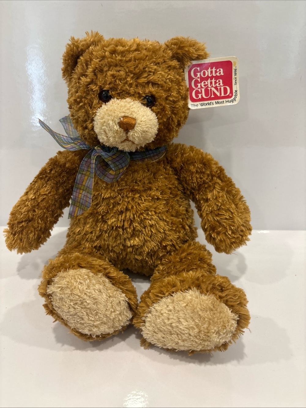 GUND Dylan 12” Teddy Bear Plush Brown Tan Sitting Green Plaid Bow Animal 15102